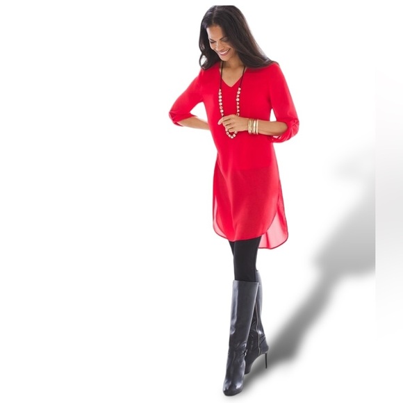 CHICOS High Low Woven Top Women’s Size Small, Red NWOT Button Roll Sleeves - Picture 2 of 14